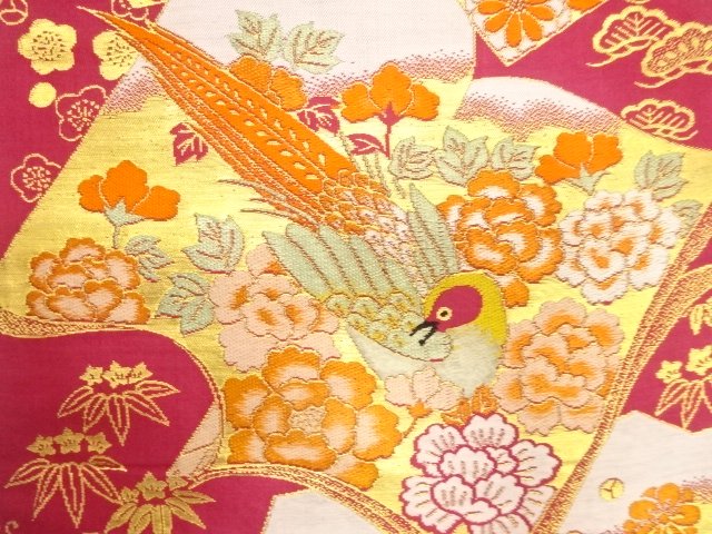 JAPANESE KIMONO / ANTIQUE NAGOYA OBI / SILK / WOVEN PHEASANT & PEONY